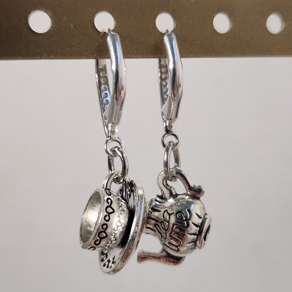 VTG 925 Teapot and Cup & Saucer Dangle Zircon Leverback Earrings - Picture 4 of 14